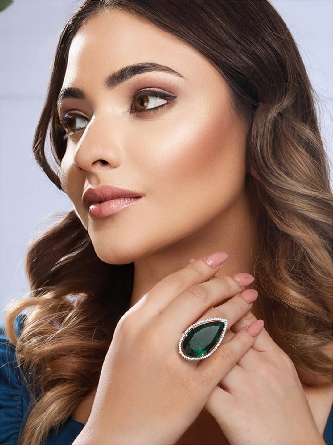 Silver Toned Green Zircon Minimal Finger  Ring